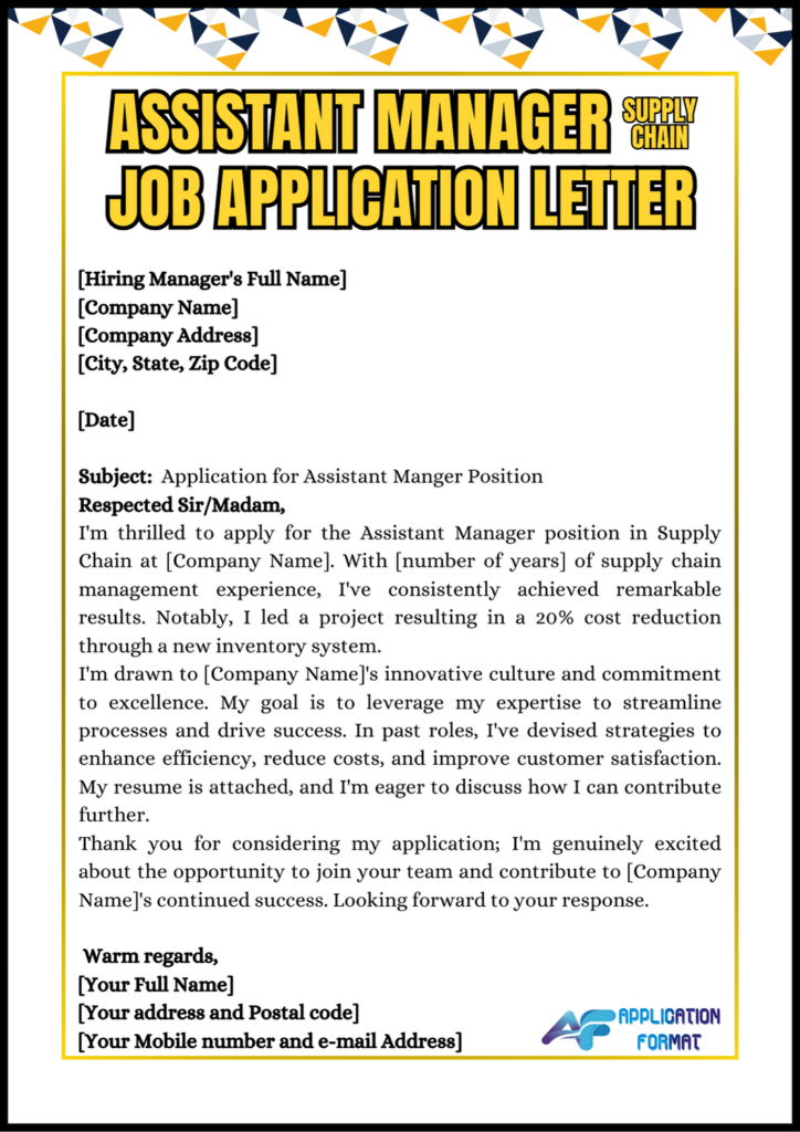 Assistant Manager in Supply Chain Job Application Letter