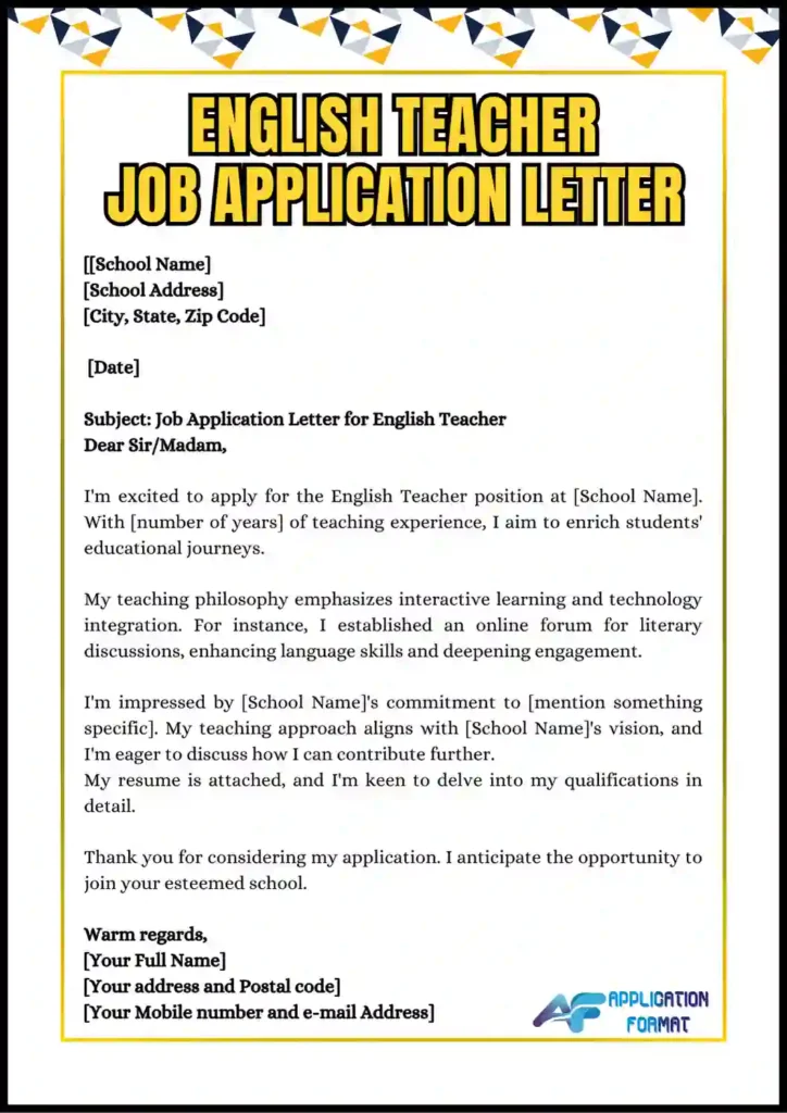 English Teacher Job Application Letter