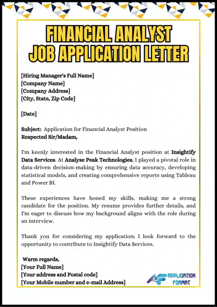 Financial Analyst Job Application Letter 1