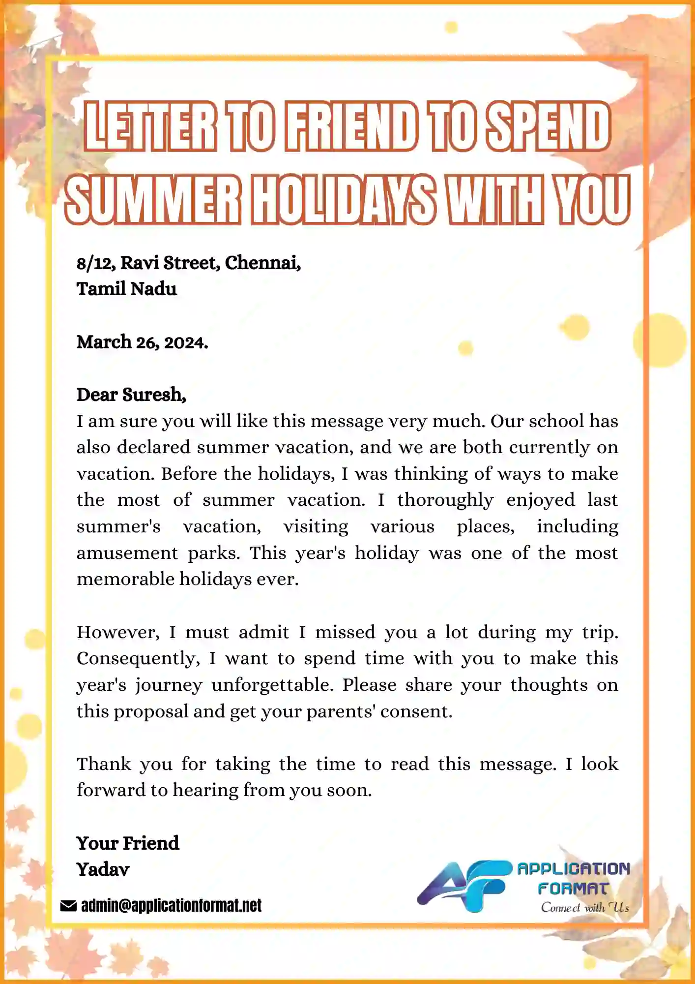 Letter to a friend for spending summer vacation | Hard Copy