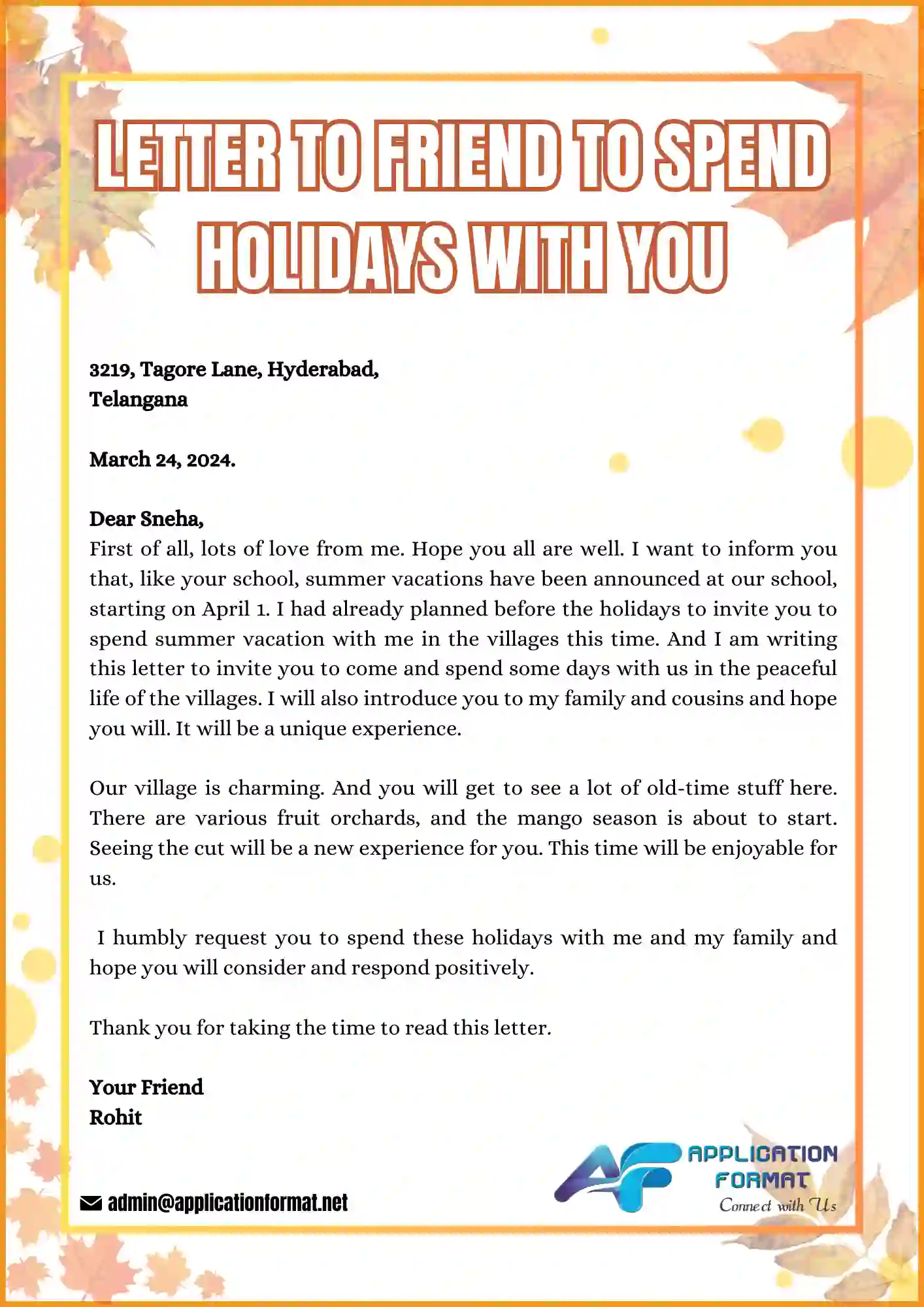 Letter to Friend to spend Holidays with you
