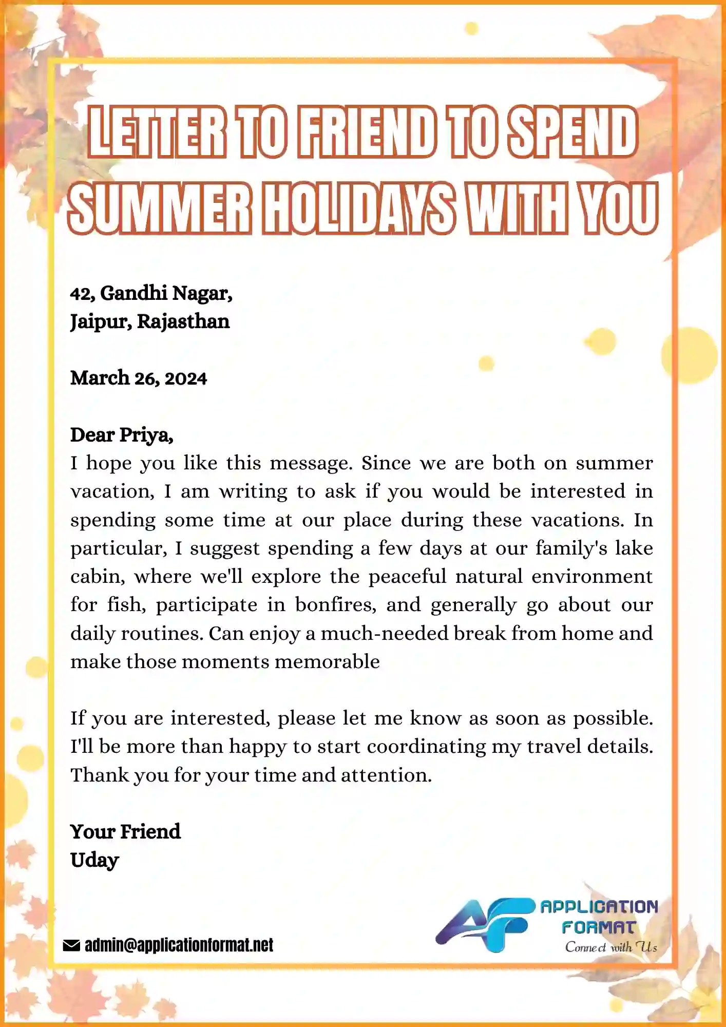 Letter to a friend for spending summer vacation