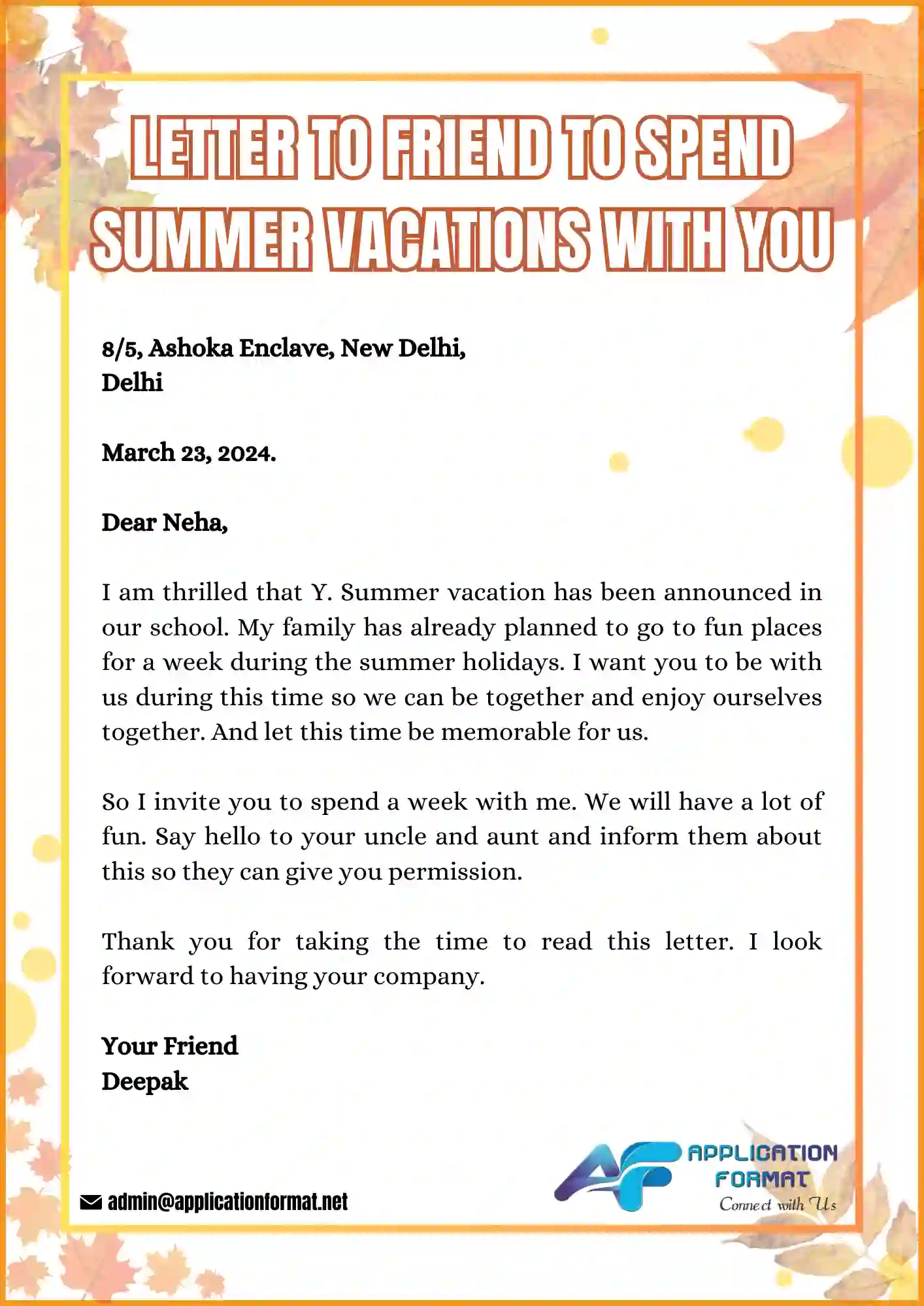Letter to a friend inviting to spend summer vacation