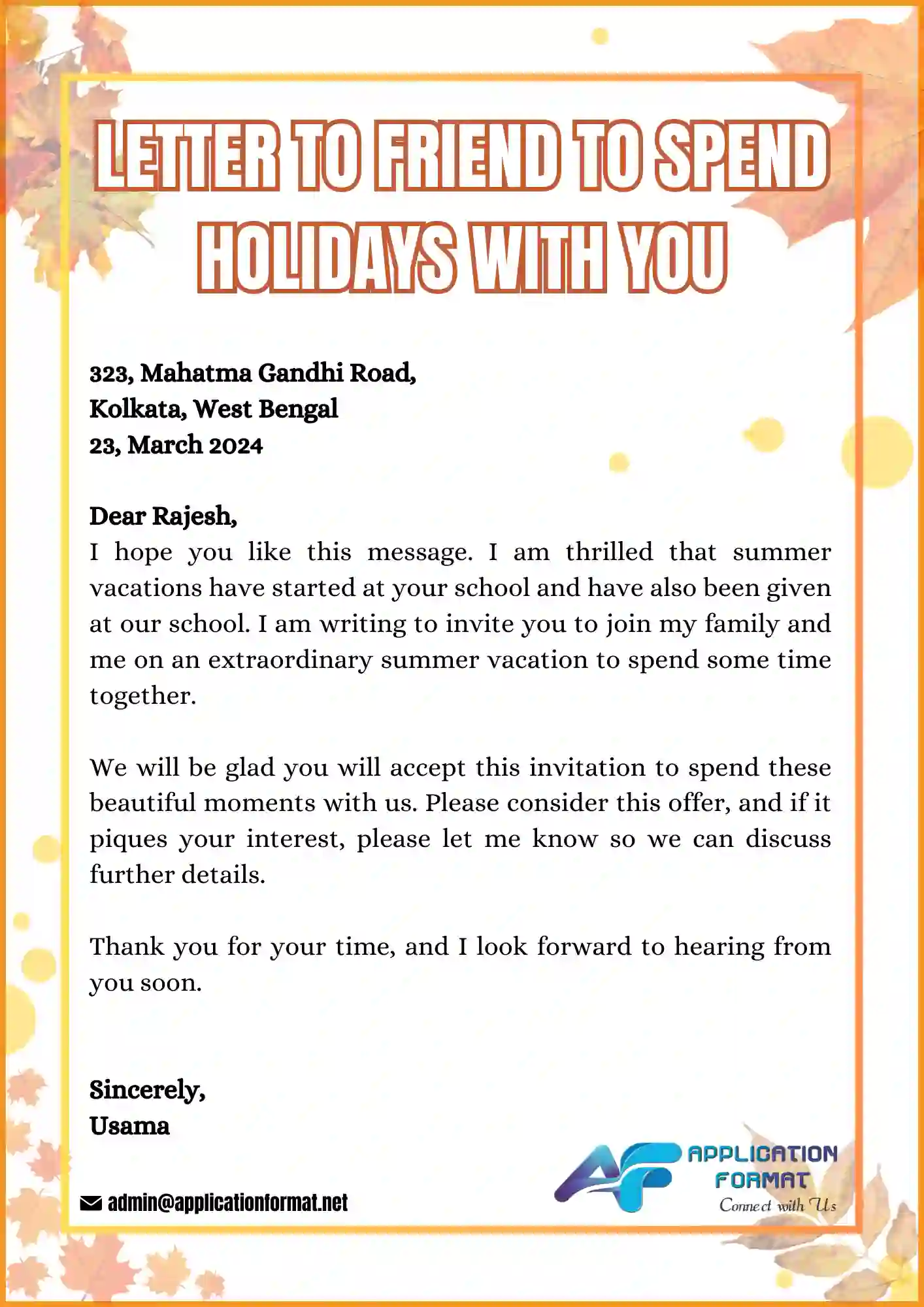 Letter to a friend to spend summer vacation