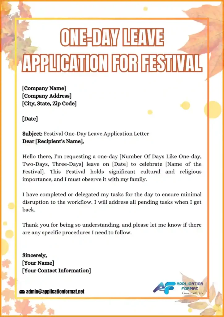 One day Leave Application For Festival In Office
