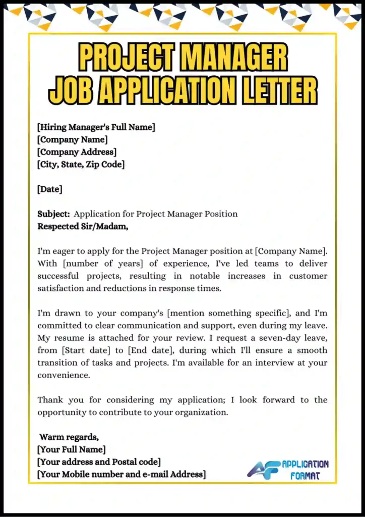 Project Manager Job Application Letter