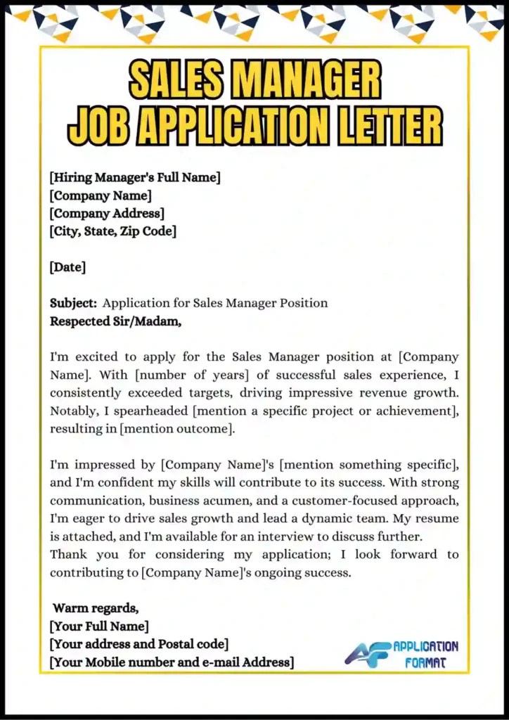 Sales Manager Job Application Letter