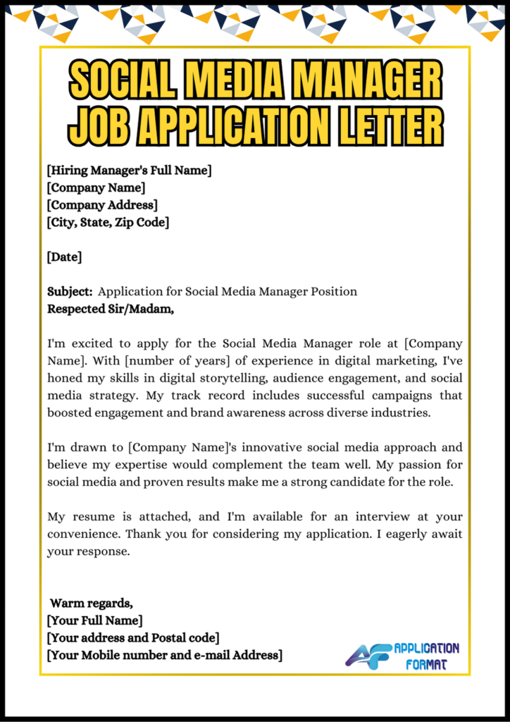 Social Media Manager Job Application Letter